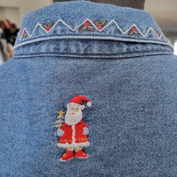 Vintage Denim Button-Up Shirt with Embroidered Santa Sz XL - Picture 9 of 11